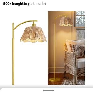 Oneach Arc Floor Lamp for Living Room,Rattan Boho Floor Lamp w/ Hand-Woven Shade